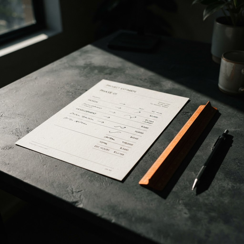 A measured workspace with a project estimate and design notes