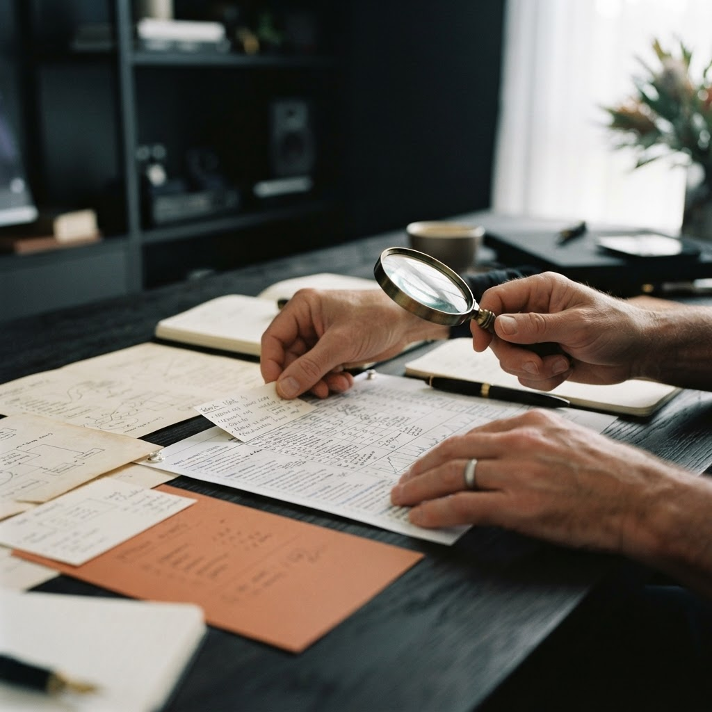 Hands arranging research notes and a search visibility grid